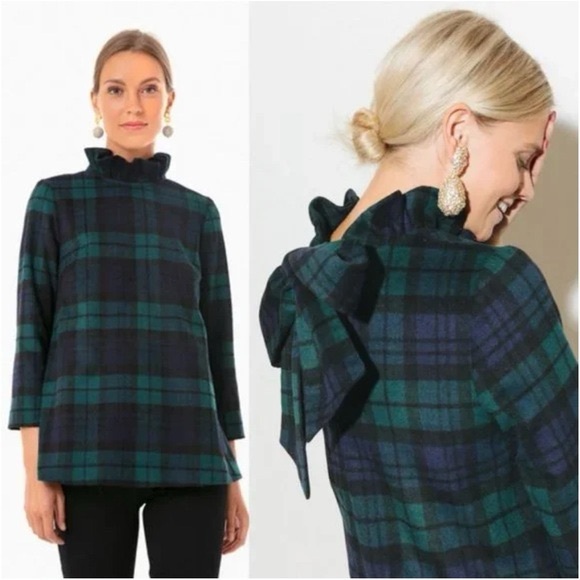 Tuckernuck Tops - NWT Tuckernuck Faye Ruffle-Neck Bow Back Top - Blackwatch Green Plaid Size XL